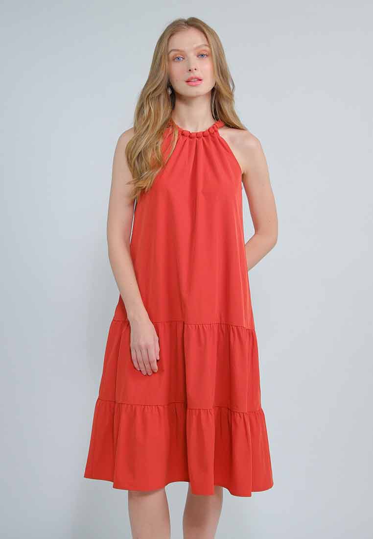 Orlisse Shift Flounce Hem Dress with Braided Neckline