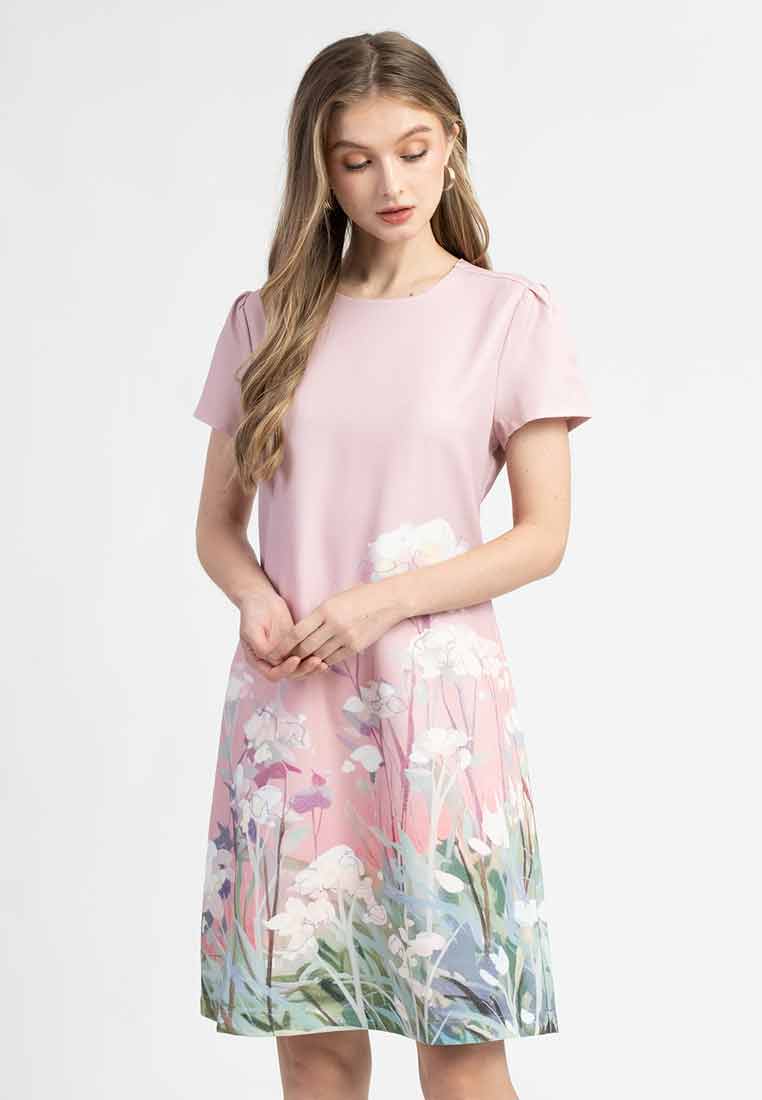 Iris Round Neck Floral Border A-Line Dress