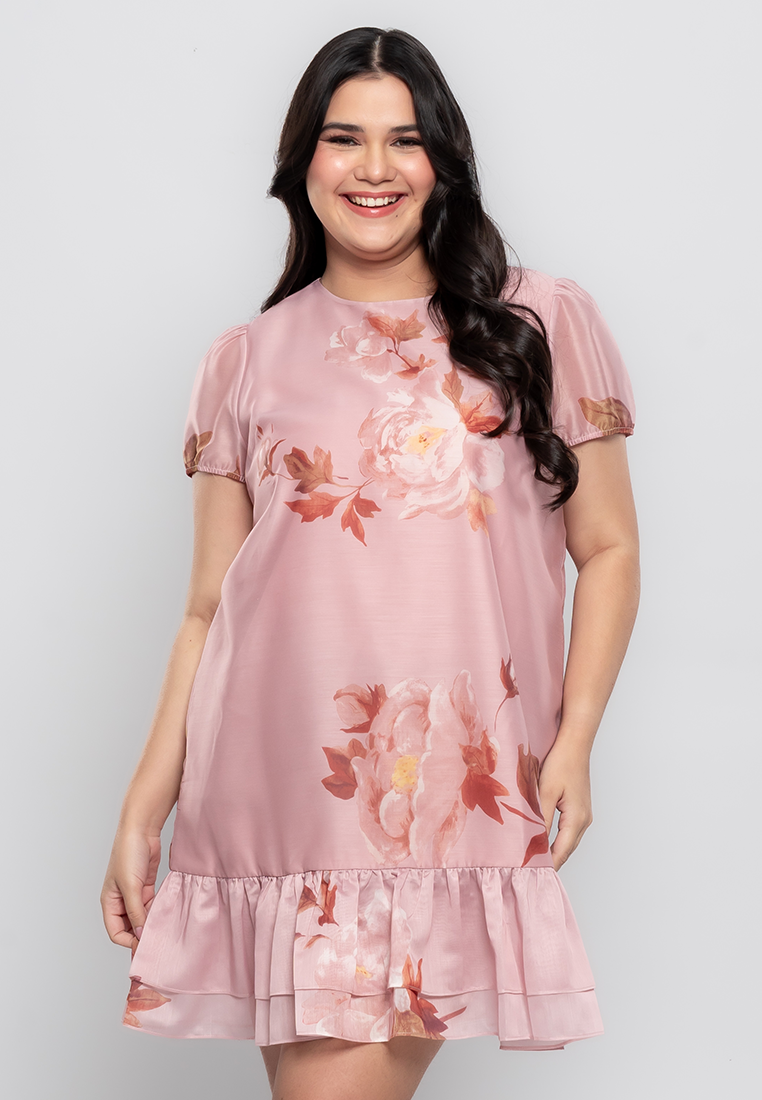 Milly Plus Size Zafiah Floral Shift Dress with Flounce Detail