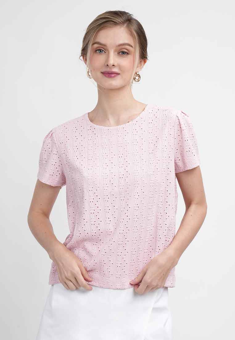 Helena Lace-Textured Puff-Sleeve Top