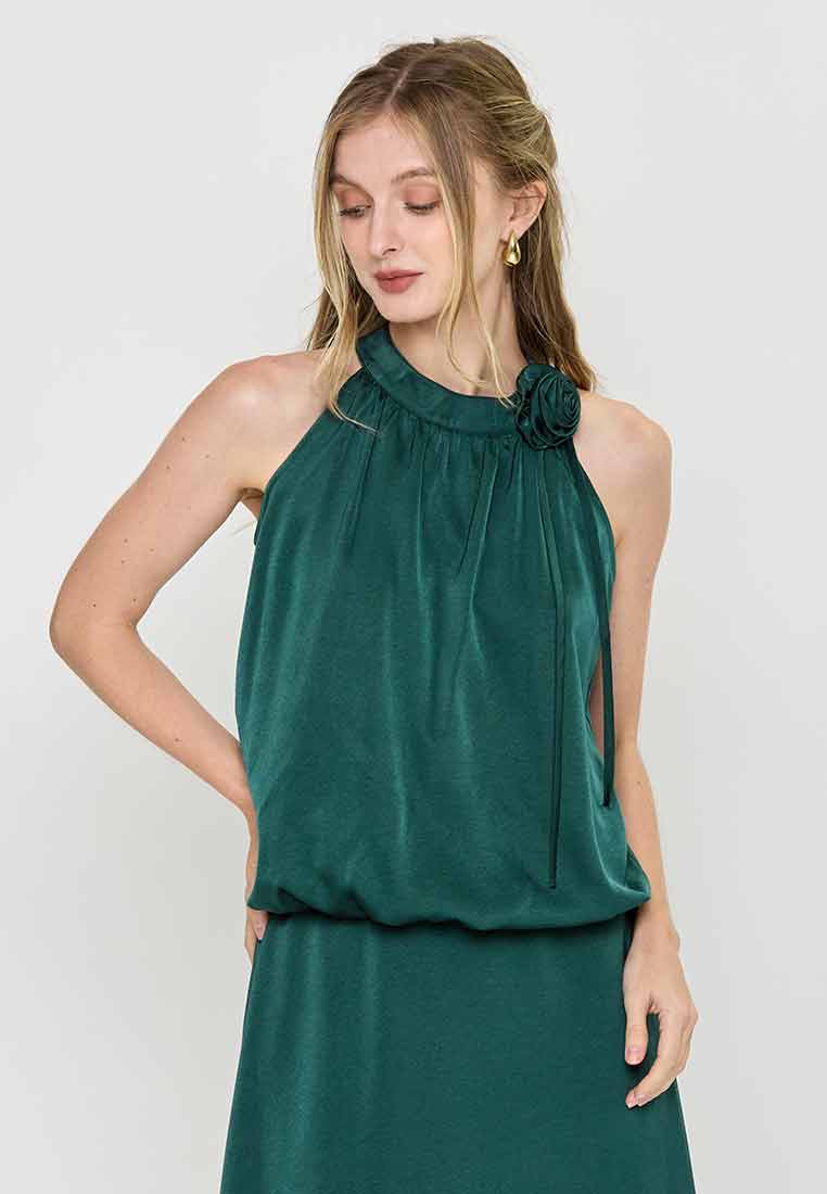 Maisy Haltered Satin Top with Flower Applique