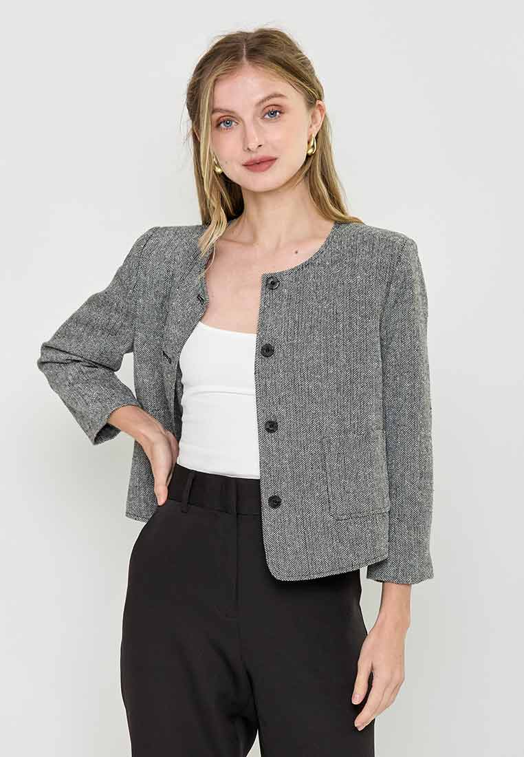 Crew Neck Button Down Tweed Coat