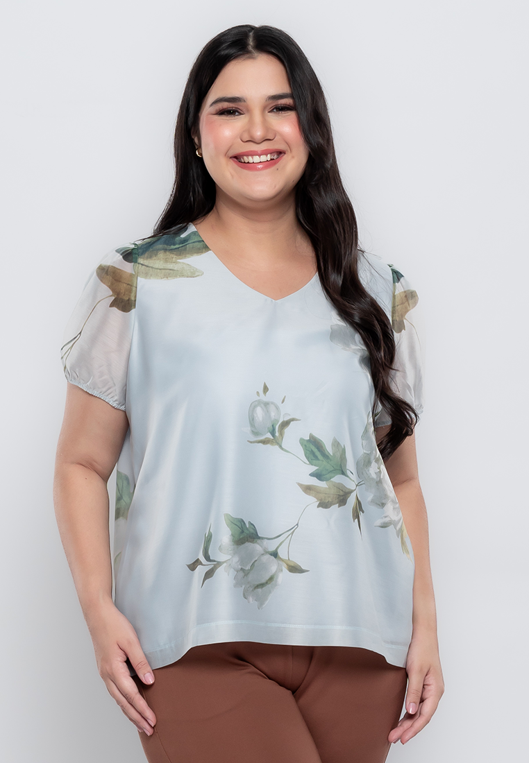 Milly Plus Size Cianna V-neck Floral Top with Gartered sleeves