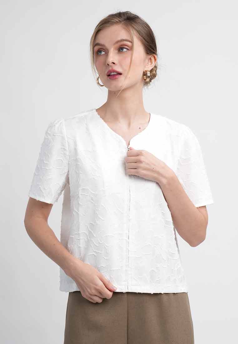 Sola Textured Zip-Front Blouse with Puff Sleeves