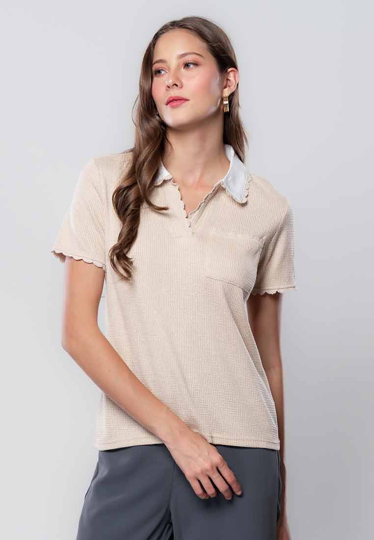 Ysabel Collared Knit Top with Scallop Trimming and Chest Pocket