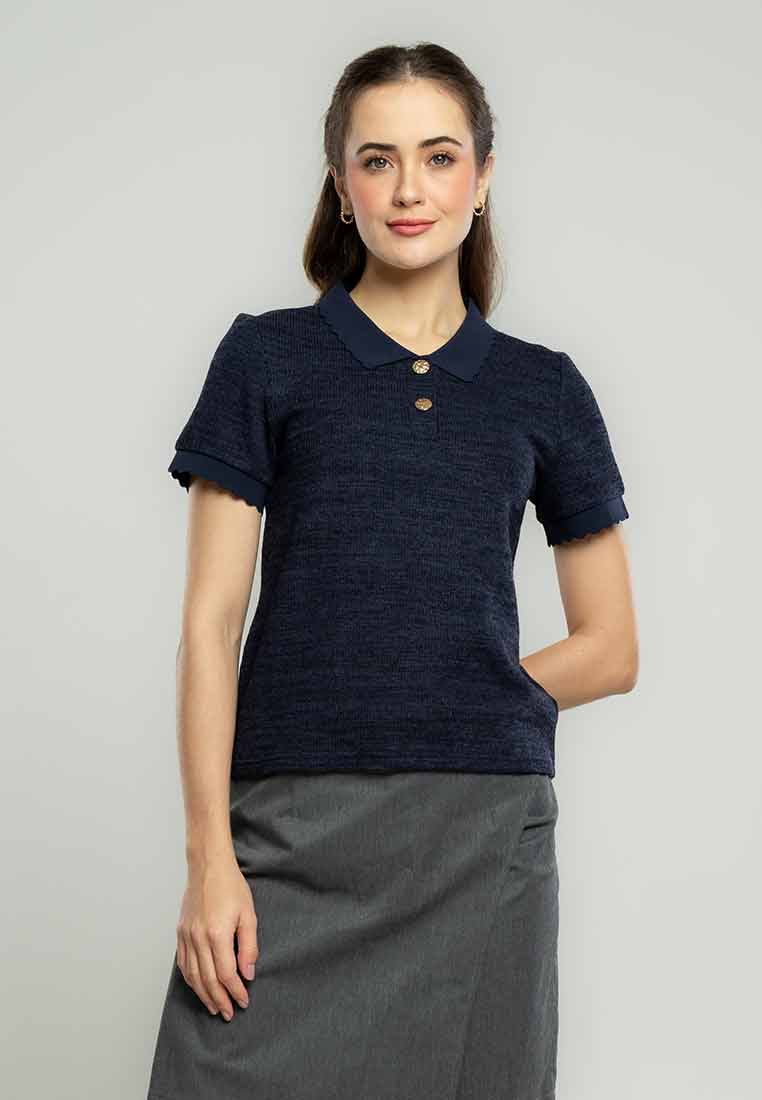 Raya Scalloped Collared Knit Top with Button Opening