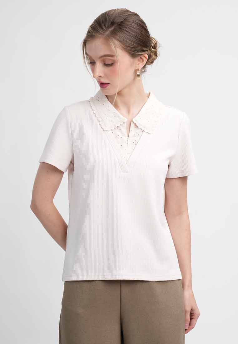Lina Ribbed V-Neck Scalloped Collar Knit Top
