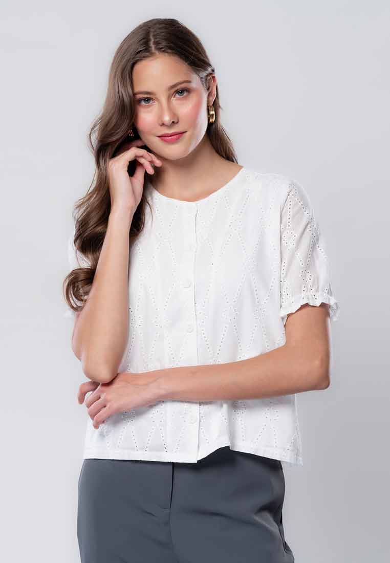 Ianthe Button-down Eyelet Top with Puff Sleeves