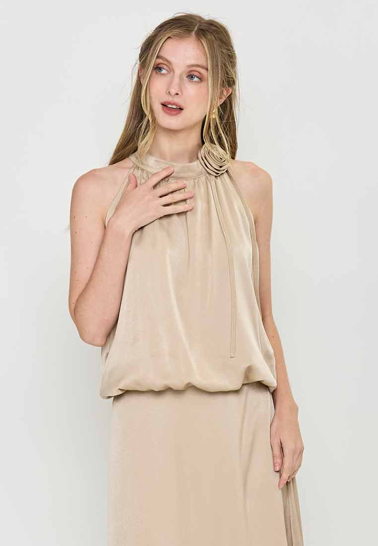Maisy Haltered Satin Top with Flower Applique