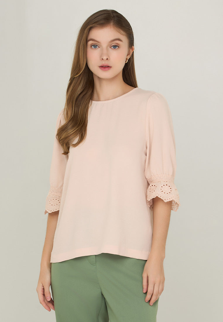 Krizzie Round Neck Top with Eyelet Sleeve