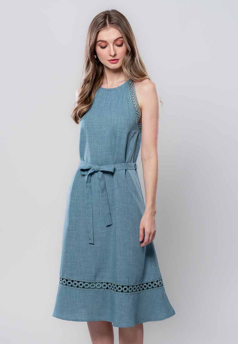 Rosaline Halter Sleeveless Dress with Trimming Detail and Sash Belt