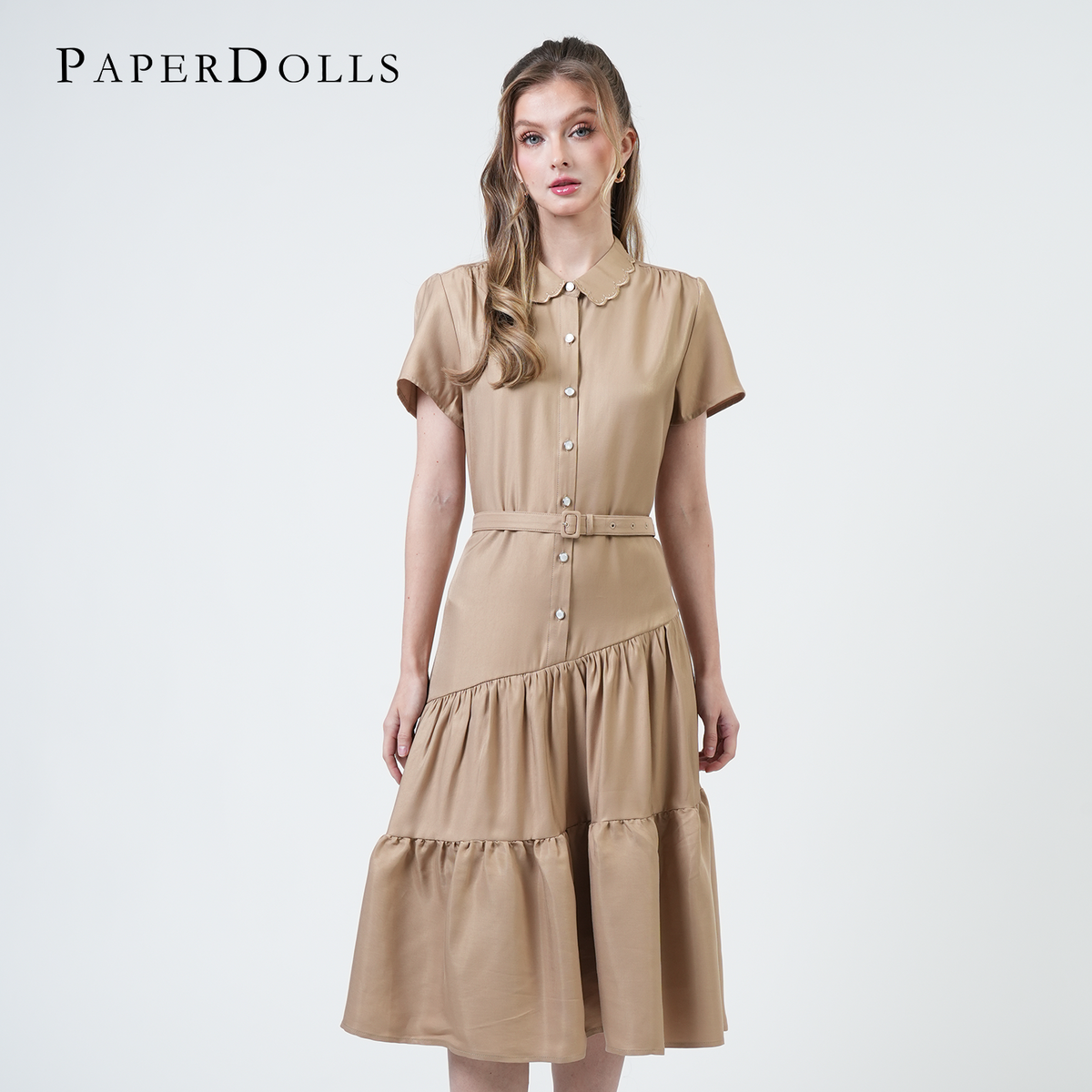Aztrid Scallop Collar Tiered Midi Dress
