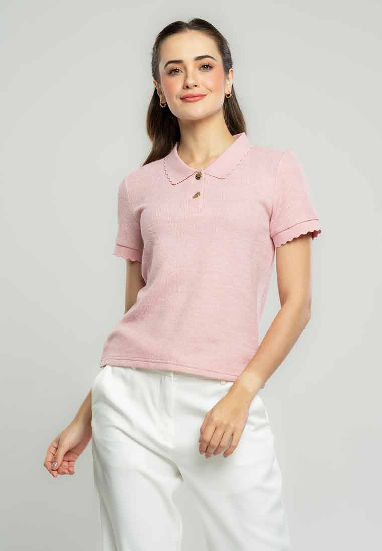 Raya Scalloped Collared Knit Top with Button Opening