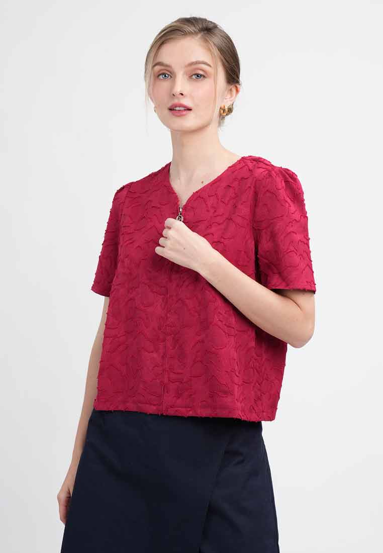 Sola Textured Zip-Front Blouse with Puff Sleeves