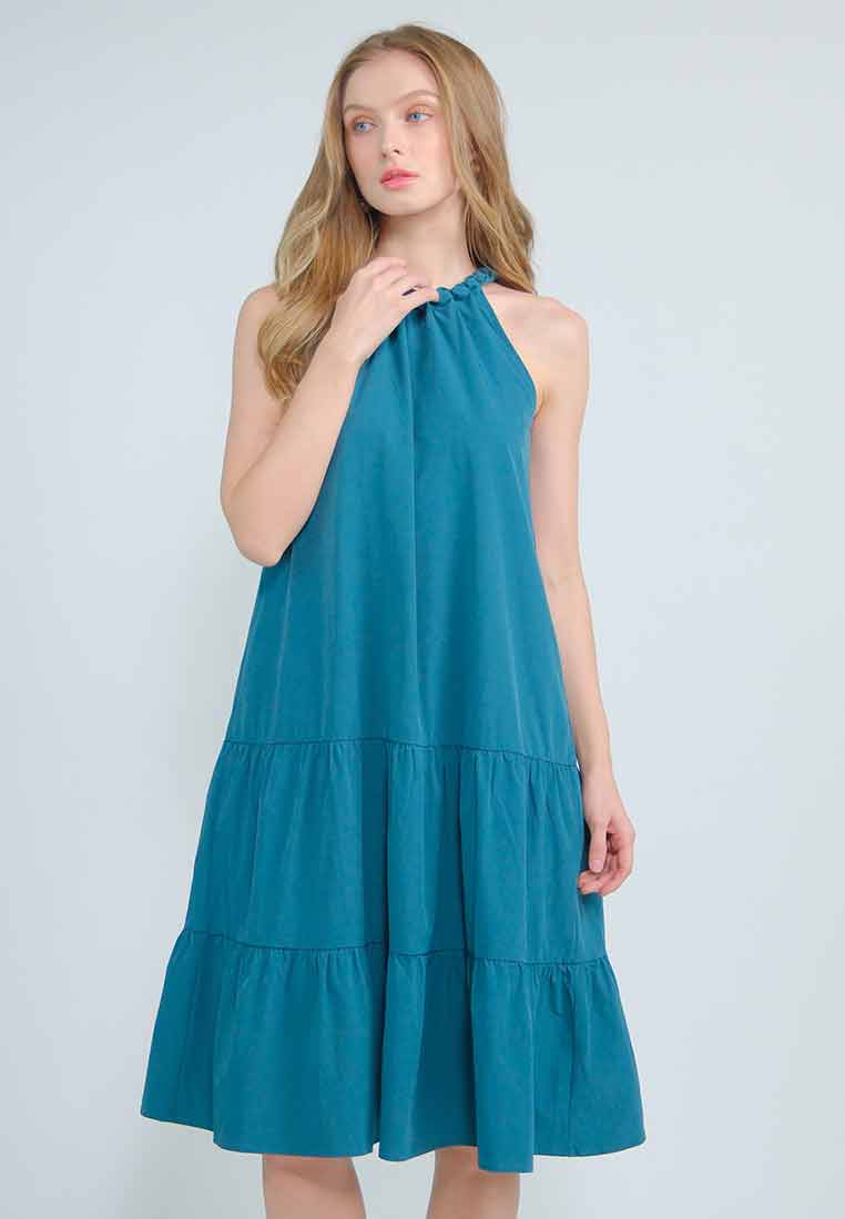 Orlisse Shift Flounce Hem Dress with Braided Neckline