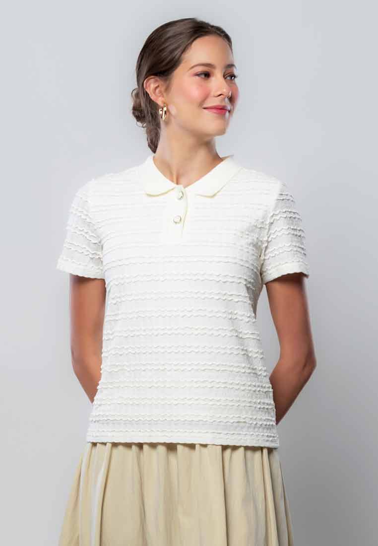 Lucienne Collared Textured Knit Top with Button Front Opening