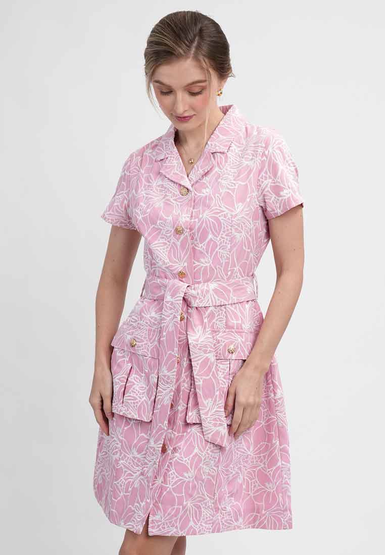 Via Collared Floral Belted Shirt Dress