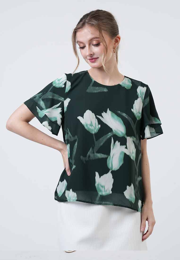 Ivy Tulip Print Double-Flutter Top
