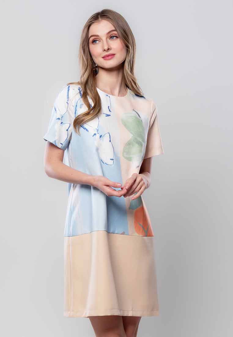 Vieanna Graphic Floral Shift Dress with Plain Hem Combination