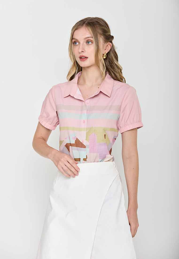 Scaela Collared Top in Cityscape Print