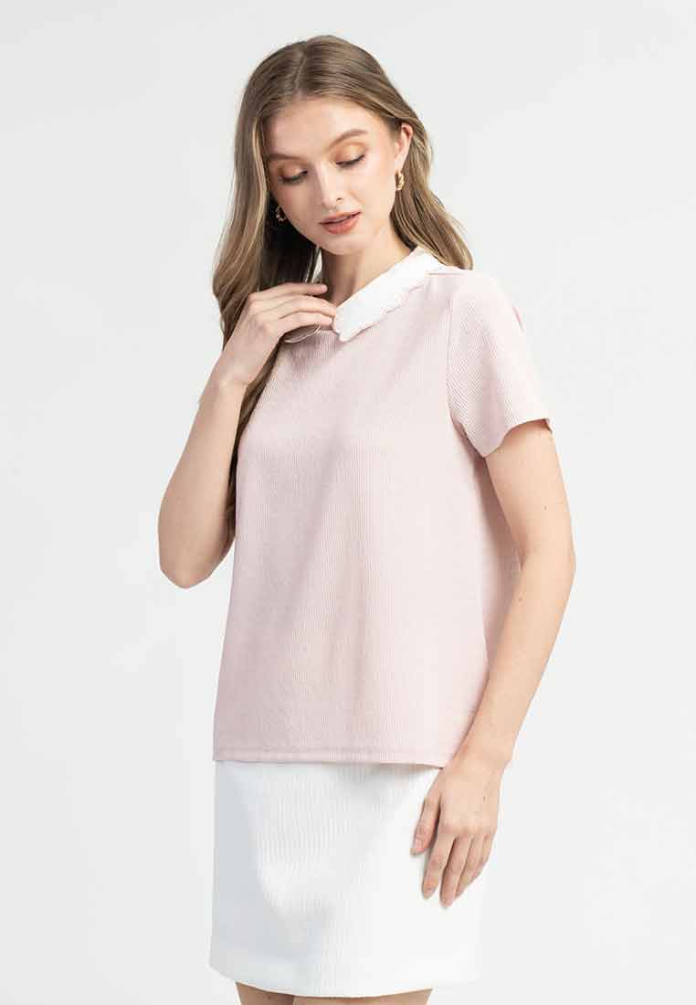 Riva Embroidered Scallop Collar Ribbed Top