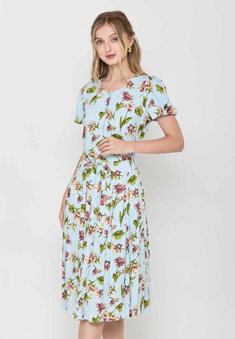 Lira Floral Print Pleated Short-Sleeve Dress