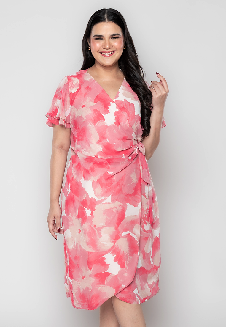 Milly Plus Size Martine Full Floral Digital Wrap Dress with Gathered Detail