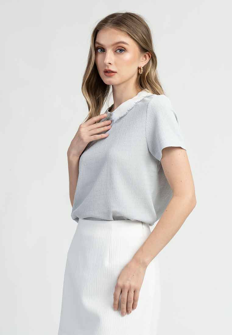 Riva Embroidered Scallop Collar Ribbed Top