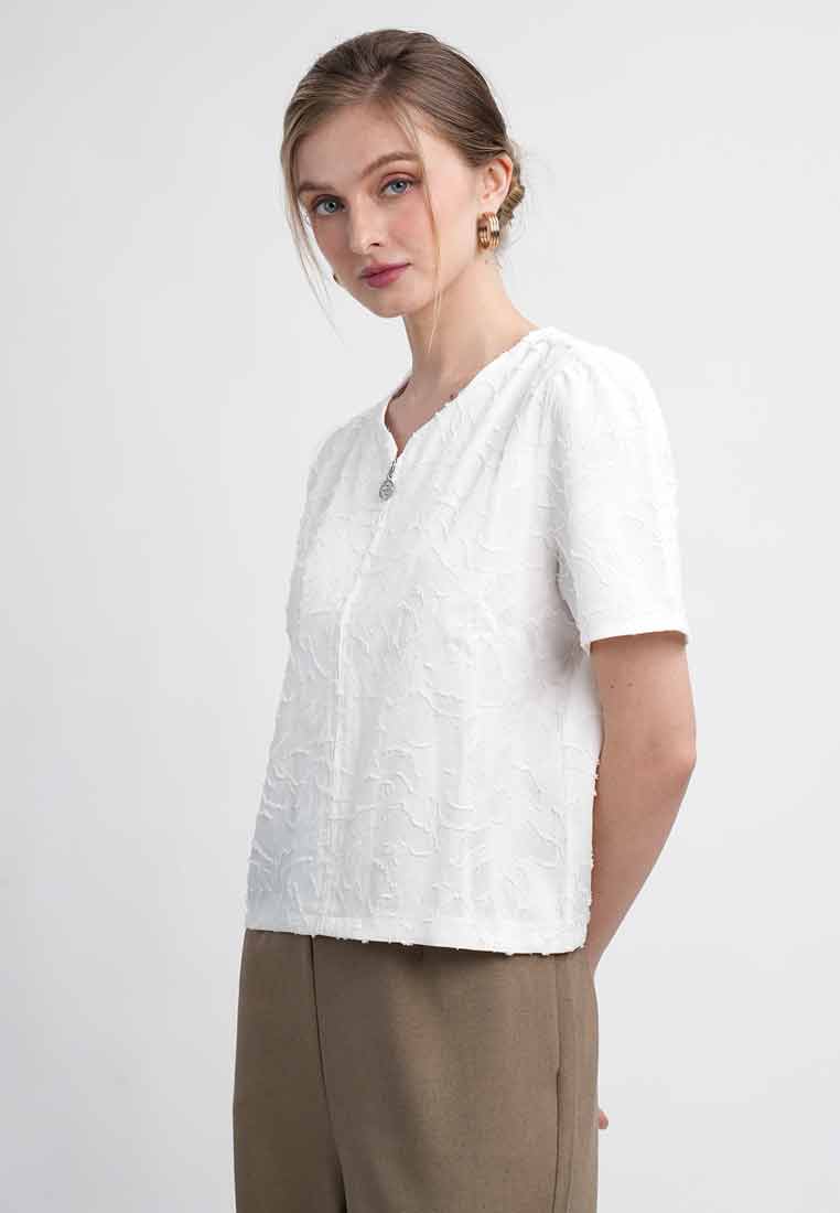 Sola Textured Zip-Front Blouse with Puff Sleeves
