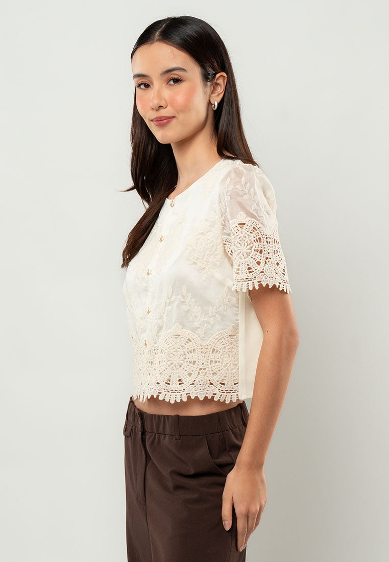 Giselle Lace-Appliqué Short-Sleeve Top