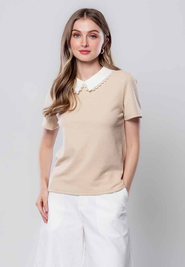 Isabeau Textured Knit Top with Lace Trim on Collar