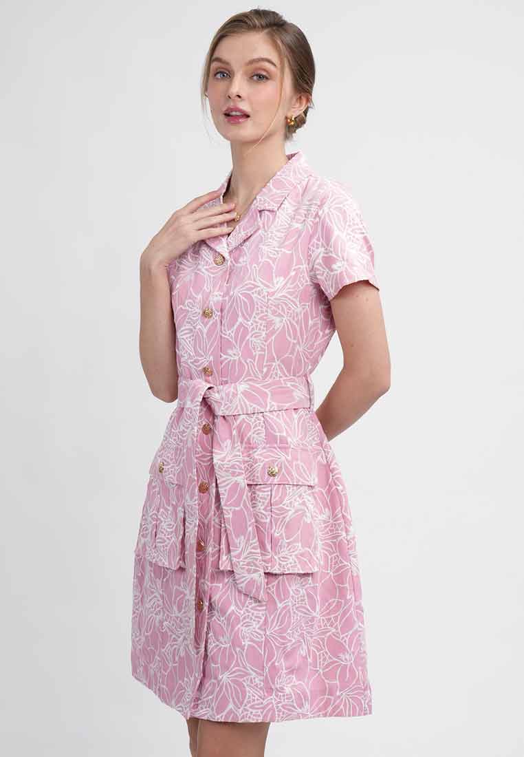 Via Collared Floral Belted Shirt Dress
