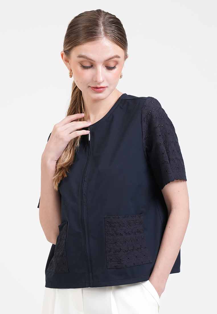 Georgina Eyelet Accent Zip-Up Top