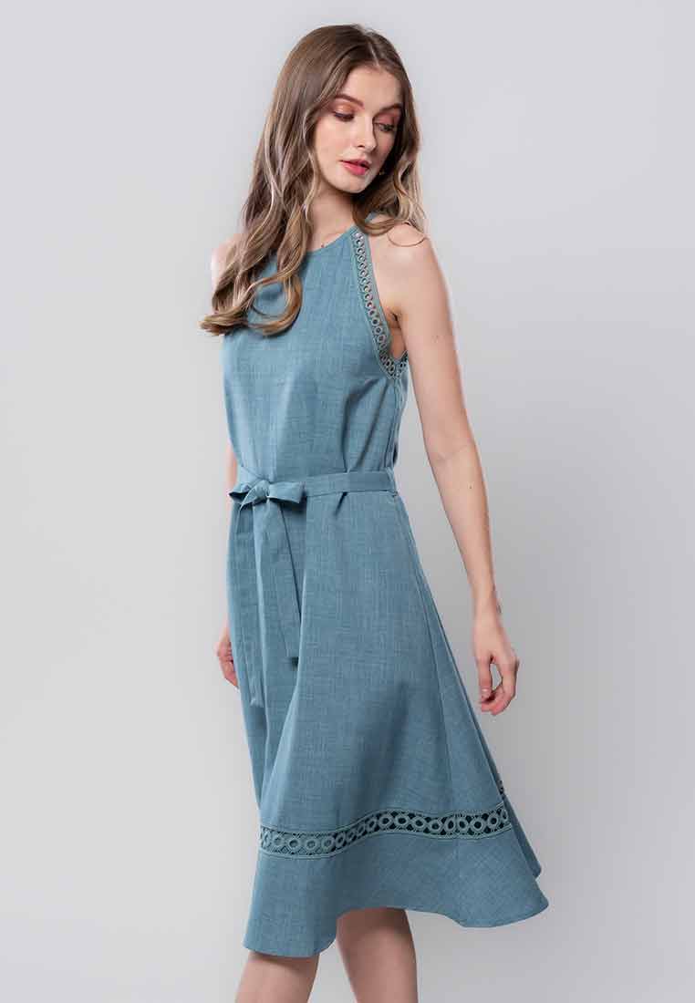 Rosaline Halter Sleeveless Dress with Trimming Detail and Sash Belt