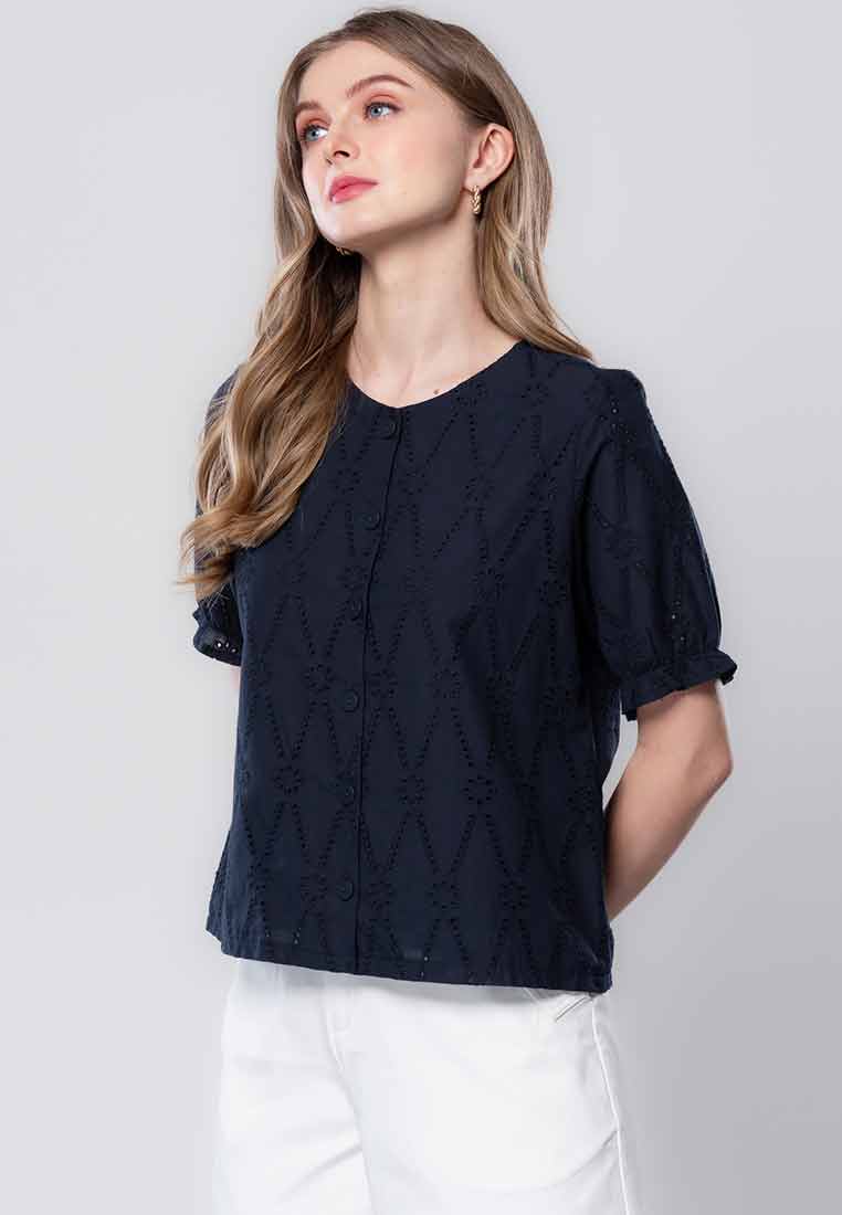 Ianthe Button-down Eyelet Top with Puff Sleeves