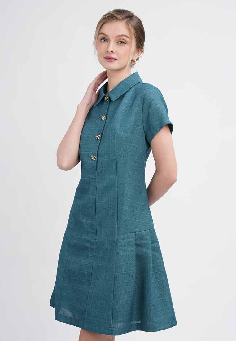 Zia Collared Fit-and-Flare Mini Dress with Bow Buttons
