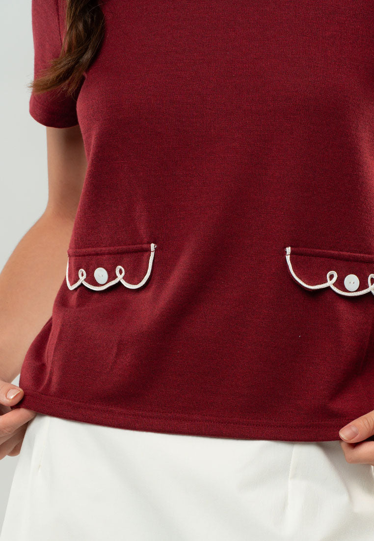 Audrey Scallop-Trim Pocket Knit Top