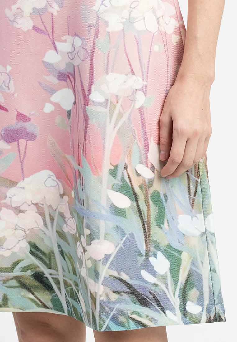 Iris Round Neck Floral Border A-Line Dress