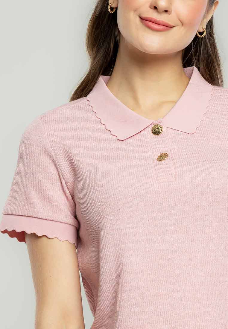 Raya Scalloped Collared Knit Top with Button Opening