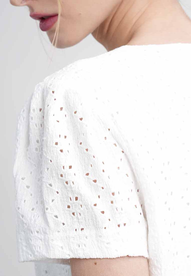 Helena Lace-Textured Puff-Sleeve Top