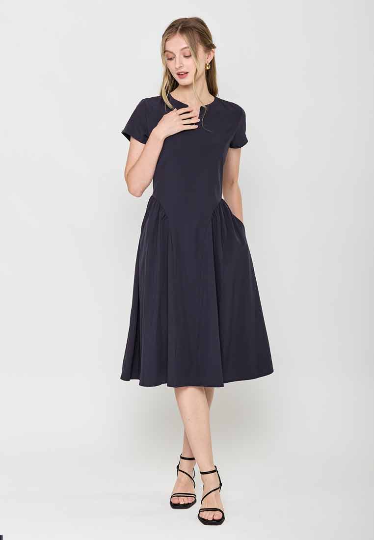 Jazmin Short Sleeves A-Line Dress with Pleats