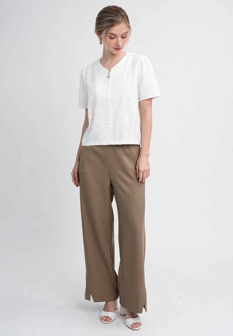 Sola Textured Zip-Front Blouse with Puff Sleeves