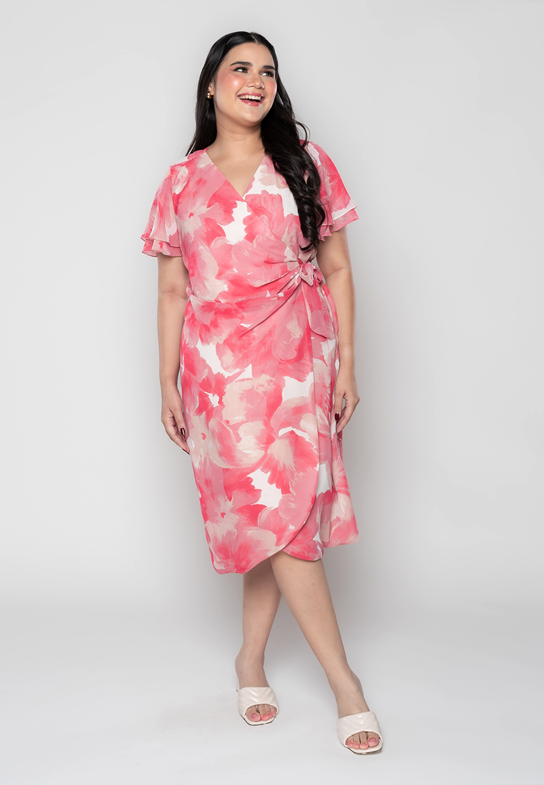 Milly Plus Size Martine Full Floral Digital Wrap Dress with Gathered Detail