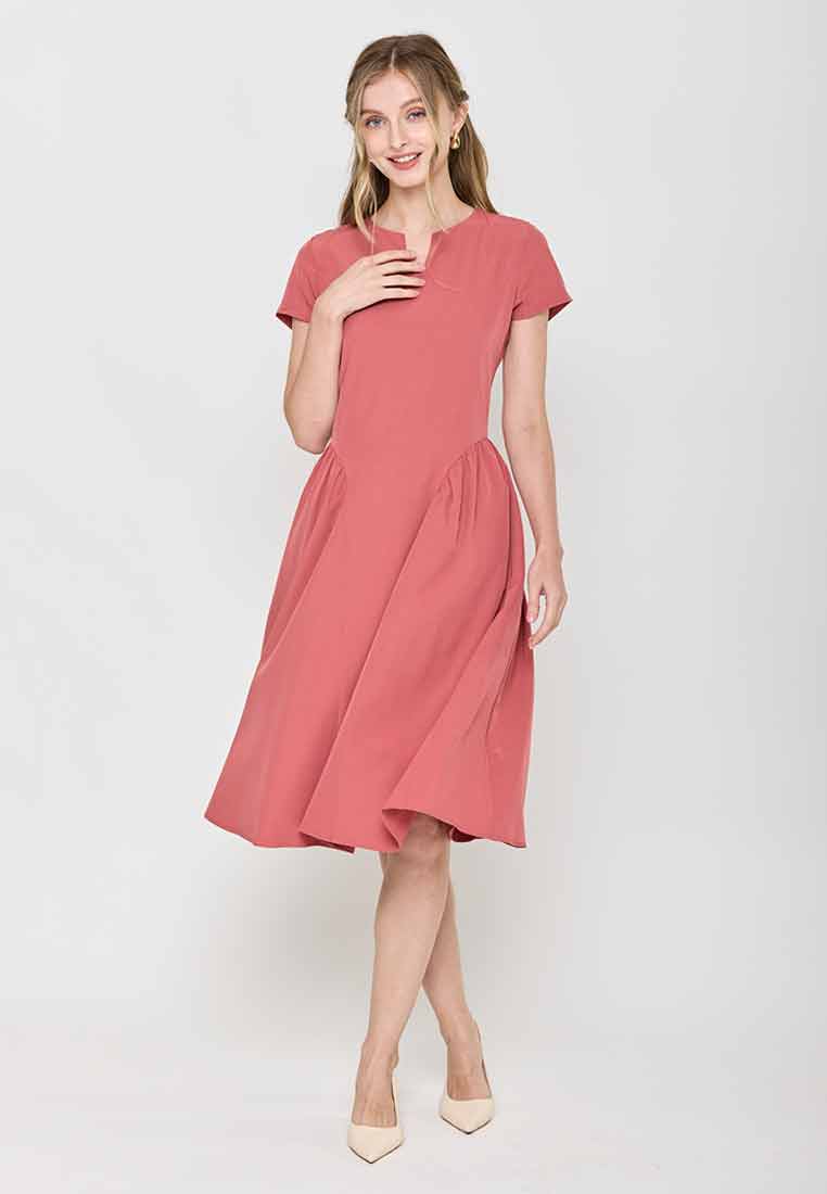 Jazmin Short Sleeves A-Line Dress with Pleats
