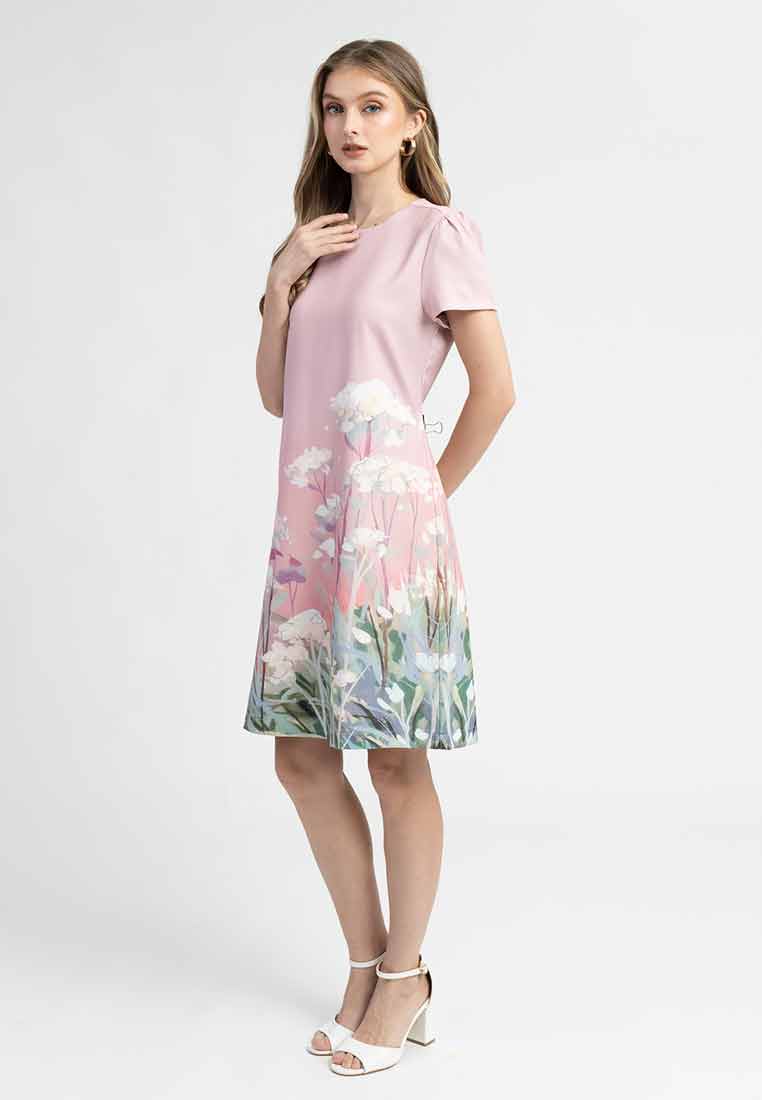 Iris Round Neck Floral Border A-Line Dress