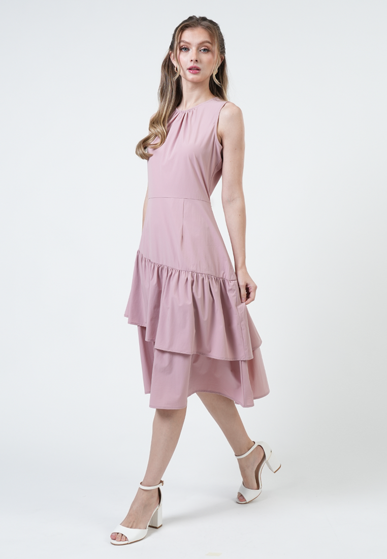 Caroline Asymmetric Ruffle Midi Dress