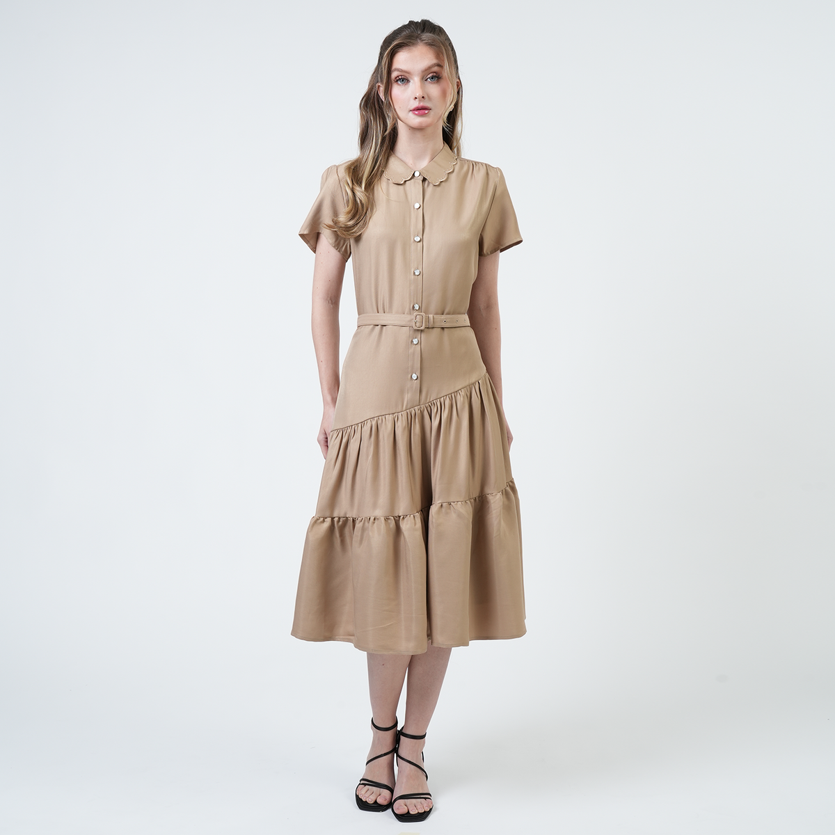 Aztrid Scallop Collar Tiered Midi Dress