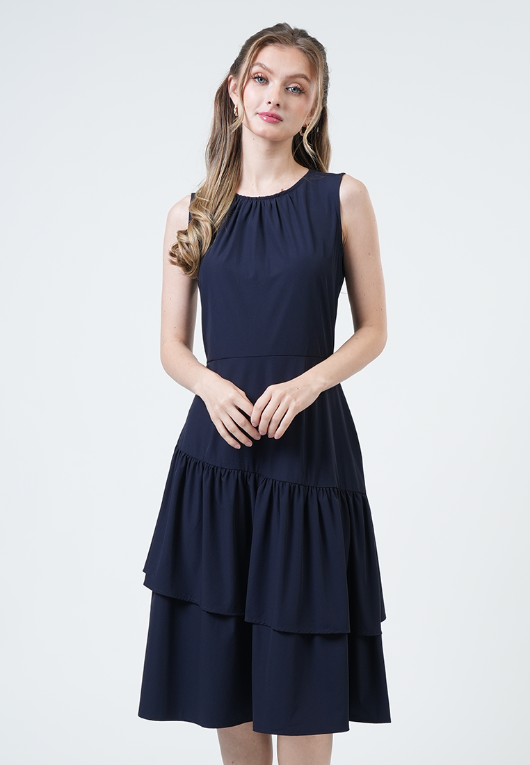 Caroline Asymmetric Ruffle Midi Dress