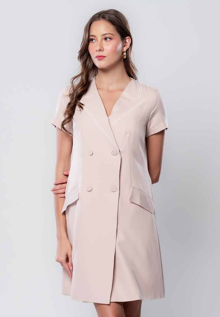 Aveline Double-breasted Dress with Embroidered Fake Collar Detail and Pockets
