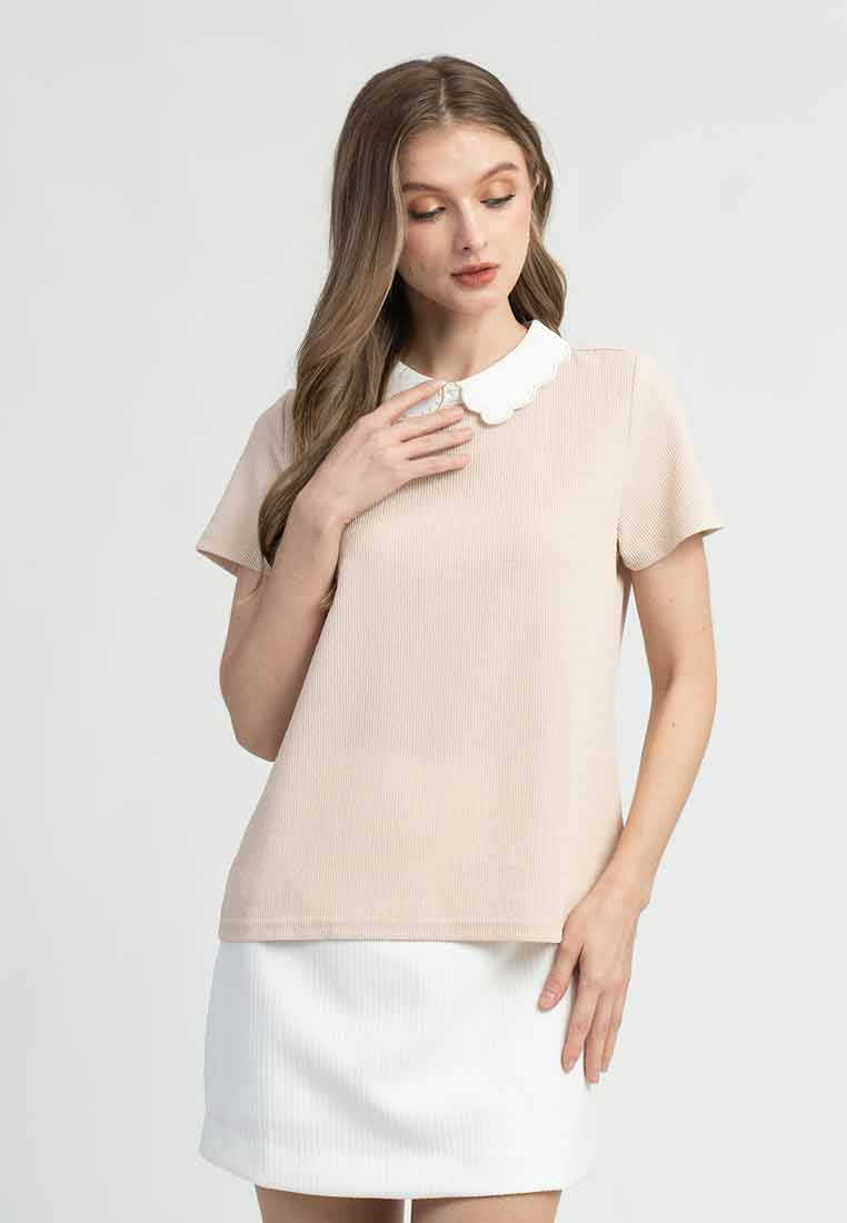 Riva Embroidered Scallop Collar Ribbed Top